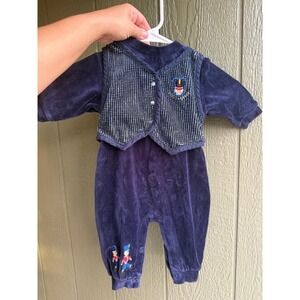 Healthtex Baby Romper Jumpsuit Girls 3-6M Purple Blue Velour Houndstooth Long Sl